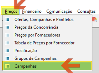 Menu Preços com o item "Campanhas" destacado por seta