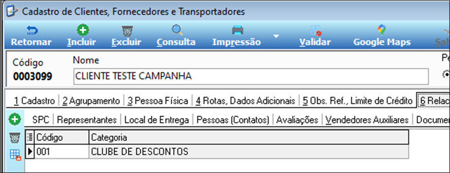 Tela Cadastro de Clientes, Fornecedores e Transportadores — cliente 0003099 CLIENTE TESTE CAMPANHA — aba 6 Relacionamentos — grade Categorias com registro 001 CLUBE DE DESCONTOS