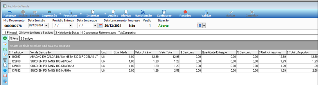Tela Pedido de Venda nº 0000002578 — aba 2 Movto dos Itens e Serviços — grade com itens: 100997 ABACAXI EM CALDA DIVINA MESA 830 G RODELAS LT qtd 1 valor 12,99; 123610 SUCO EM PO TANG 18G ABACAXI qtd 1 valor 1,29; 137889 SUCO EM PO TANG 18G GUARANA qtd 1 valor 1,29; 137892 SUCO EM PO TANG 18G MANGA qtd 2 valor 1,29; coluna $ Desconto zerada em todos