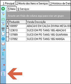 Tela Pedido de Venda — aba 2 Movto dos Itens e Serviços com 5 Itens aberta — menu lateral exibindo ícones de ação; seta apontando para o ícone de cálculo/verificação de campanhas no rodapé