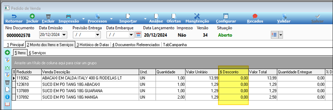 Tela Pedido de Venda nº 0000002578 — versão 34 — grade de itens com colunas Reduzido, Venda Descrição, Und., Quantidade, Valor Unitário, $ Desconto (destacado em amarelo com valor 0,00 em todos os itens), Valor Total e Quantidade Entregue