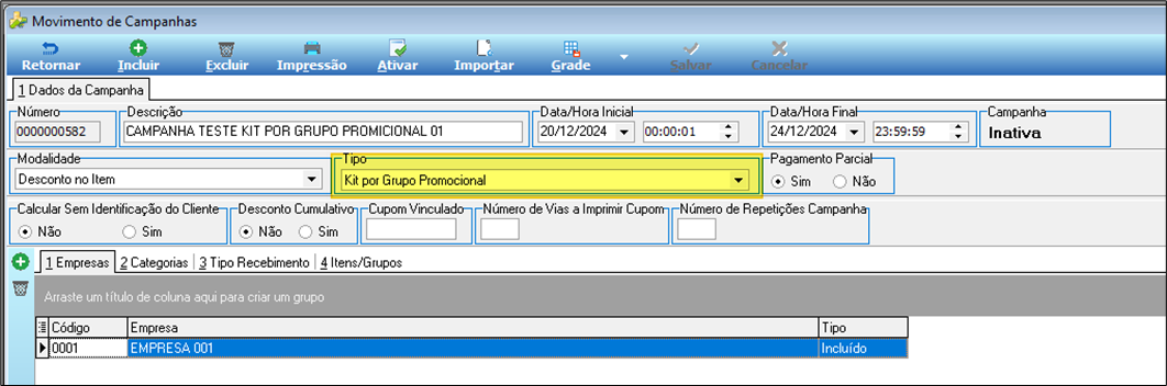 Tela Movimento de Campanhas — campanha nº 0000000582 "CAMPANHA TESTE KIT POR GRUPO PROMICIONAL 01" — Data/Hora Inicial 20/12/2024, Data/Hora Final 24/12/2024, Situação Inativa; Tipo "Kit por Grupo Promocional" destacado; aba 1 Empresas com EMPRESA 001 incluída