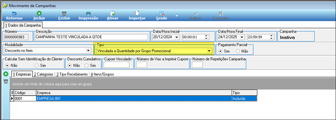 Tela Movimento de Campanhas — campanha nº 0000000583 "CAMPANHA TESTE VINCULADA A QTDE" — Data/Hora Inicial 20/12/2024, Data/Hora Final 24/12/2025, Situação Inativa; campo Tipo "Vinculada a Quantidade por Grupo Promocional" destacado; aba 1 Empresas com EMPRESA 001 incluída