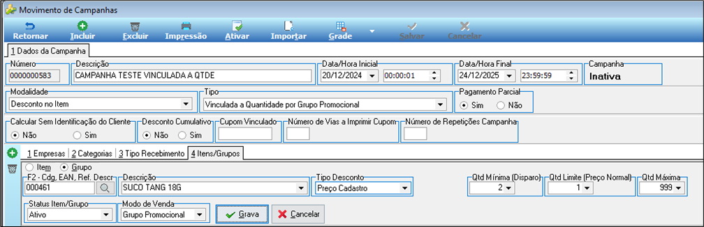 Tela Movimento de Campanhas — aba 4 Itens/Grupos — Grupo 000461 SUCO TANG 18G, Tipo Desconto "Preço Cadastro", Qtd Mínima 2, Qtd Limite 1, Qtd Máxima 999; Modo de Venda Grupo Promocional