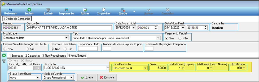 Tela Movimento de Campanhas — aba 4 Itens/Grupos — Grupo 000461 SUCO TANG 18G, Tipo Desconto "Desconto em %" e Valor 5,0000 destacados, Qtd Mínima 4, Qtd Limite 0, Qtd Máxima 999, Modo de Venda Grupo Promocional