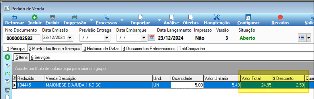 Tela Pedido de Venda nº 0000002582 — versão 3 — grade: 104445 MAIONESE D'AJUDA 1 KG SC qtd 5,00 Valor Unitário 5,49 Valor Total 24,95 $ Desconto 2,50