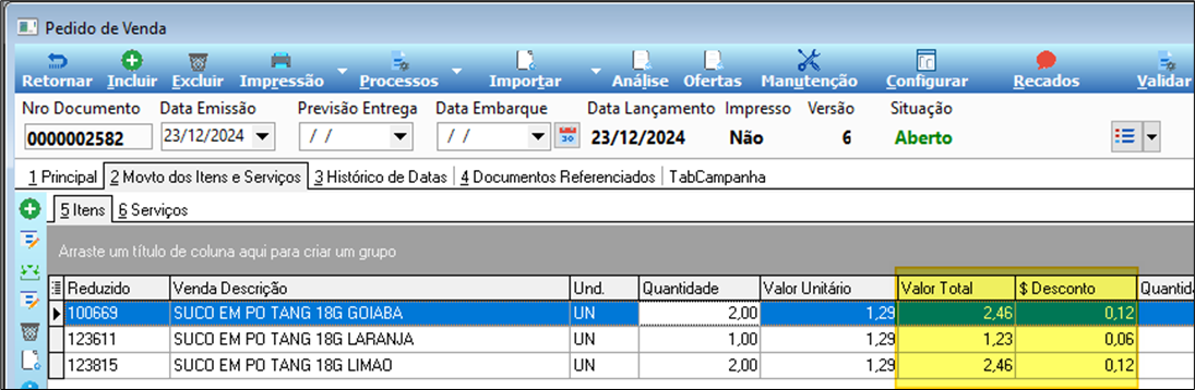 Tela Pedido de Venda nº 0000002582 — versão 6 — grade: 100669 SUCO EM PO TANG 18G GOIABA qtd 2 valor total 2,46 desconto 0,12; 123611 SUCO EM PO TANG 18G LARANJA qtd 1 valor 1,23 desconto 0,06; 123815 SUCO EM PO TANG 18G LIMAO qtd 2 valor total 2,46 desconto 0,12