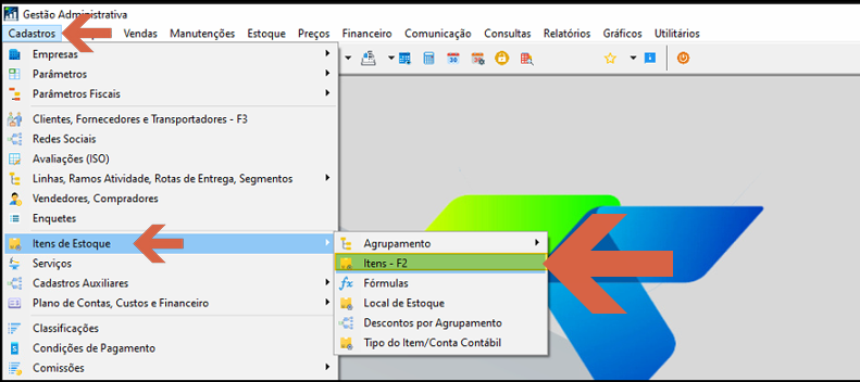 Menu Cadastros do Gestão Administrativa com submenu Itens de Estoque expandido e opção Itens - F2 destacada