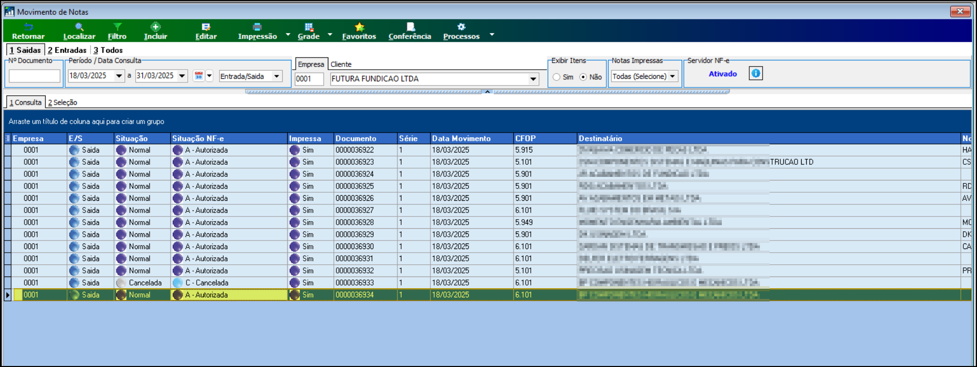 Tela de movimentação de notas fiscais com lista de NF-e emitidas, filtros de período e empresa, e grade com colunas de situação, número, série, valor e destinatário
