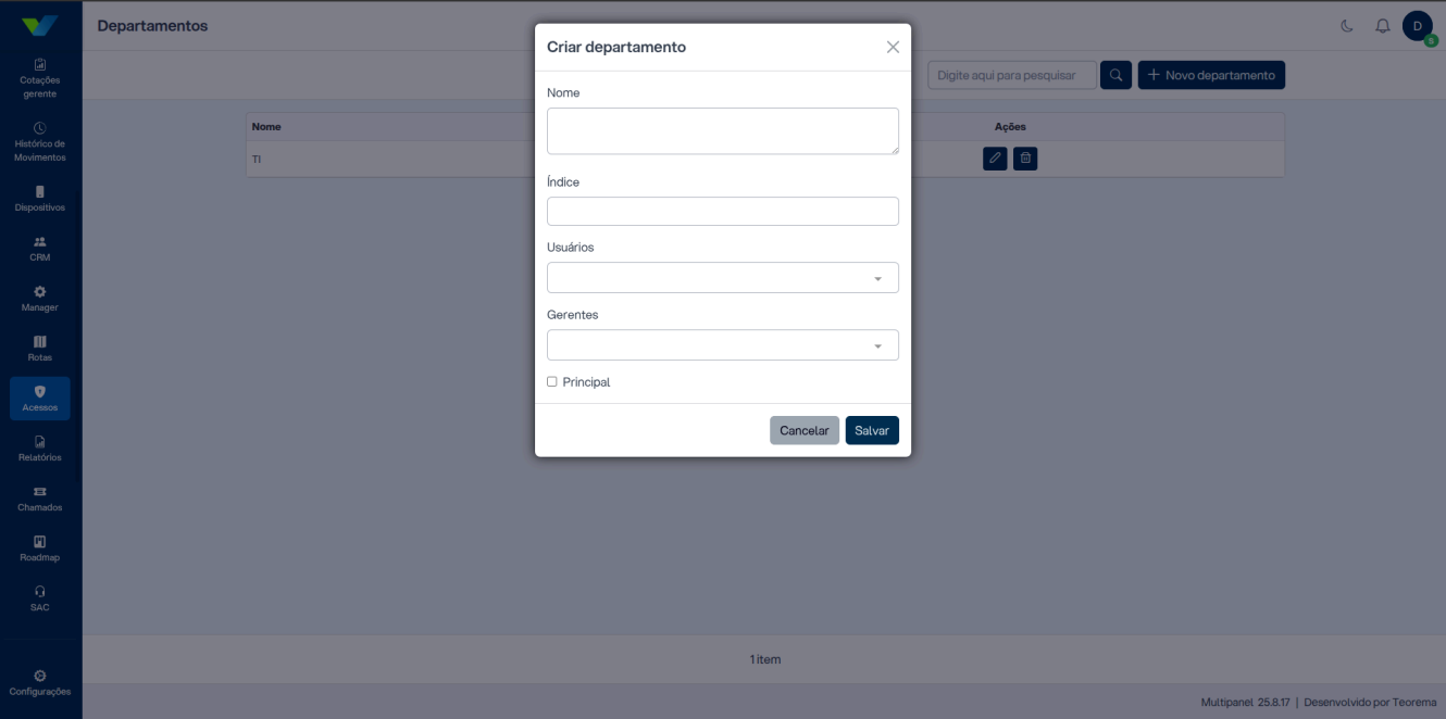 Modal "Criar departamento" com campos Nome, Índice, Usuários (dropdown), Gerentes (dropdown) e checkbox Principal; botões Cancelar e Salvar