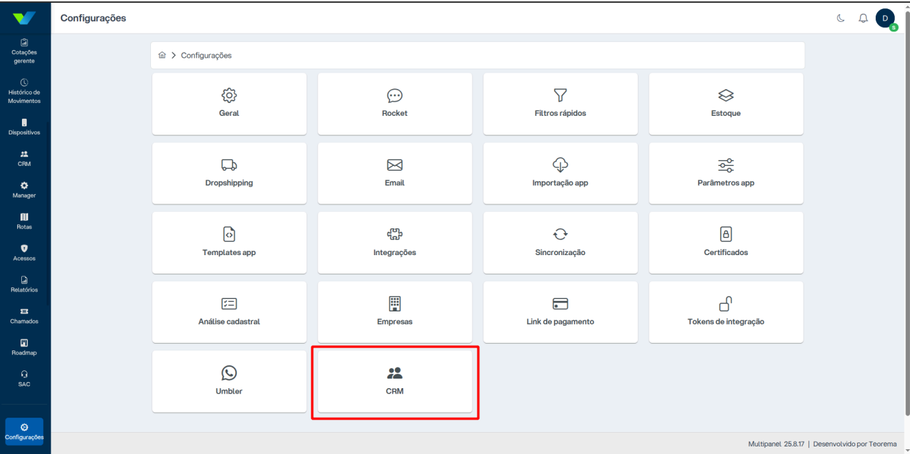 Tela Configurações com grade de blocos: Geral, Rocket, Filtros rápidos, Estoque, Dropshipping, Email, Importação app, Parâmetros app, Templates app, Integrações, Sincronização, Certificados, Análise cadastral, Empresas, Link de pagamento, Tokens de integração, Umbler e CRM; bloco CRM destacado com borda vermelha