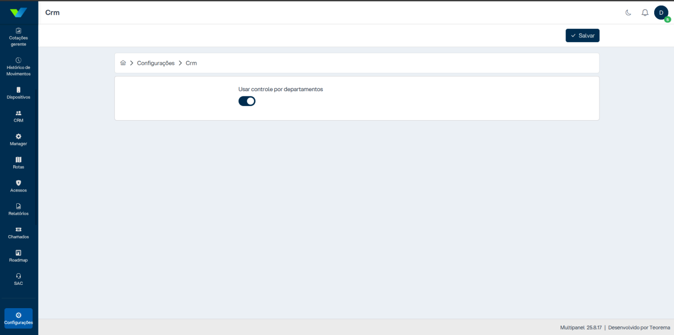 Tela Configurações > Crm com toggle "Usar controle por departamentos" ativado e botão Salvar no canto superior direito