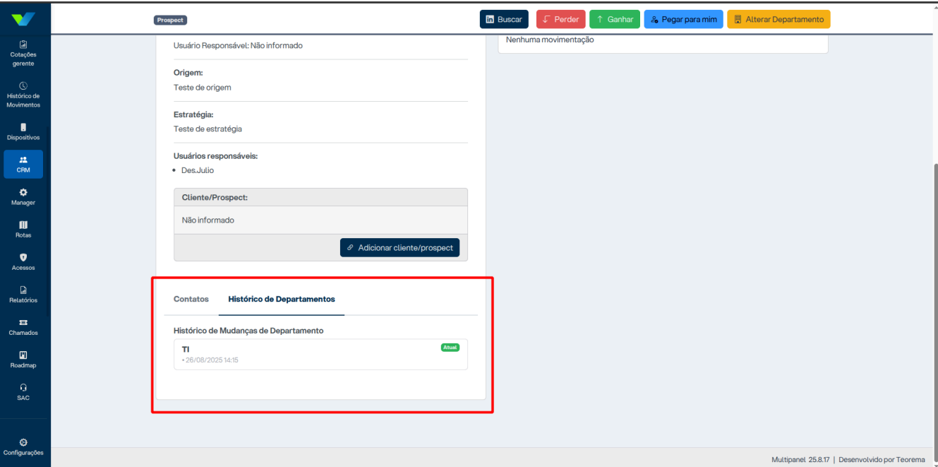 Tela Dados da negociação com aba Histórico de Departamentos selecionada; seção "Histórico de Mudanças de Departamento" exibe departamento TI com data 26/08/2025 14:15 e badge "Atual"; destaque em borda vermelha ao redor da aba e do histórico