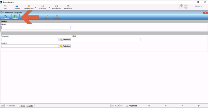 Tela Cadastro de Templates com todos os campos em branco e botão Incluir destacado na toolbar