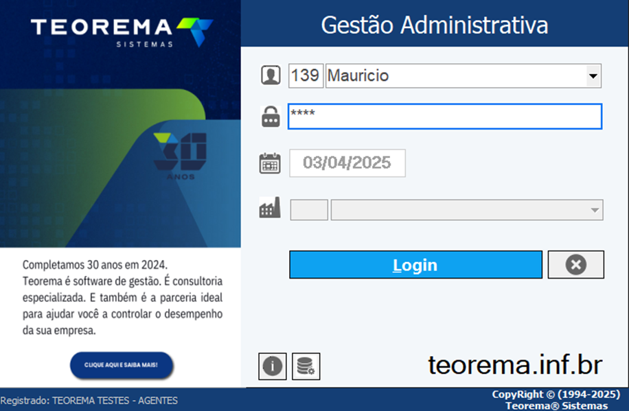 Tela de login do módulo Gestão Administrativa com campos Empresa (139), Usuário (Mauricio), Senha e Data (03/04/2025), e botão Login