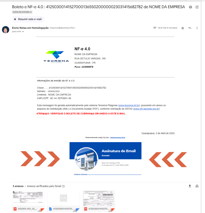 E-mail recebido com Nota Fiscal Eletrônica 4.0 — cabeçalho com logo Teorema, dados da NF-e (chave de acesso, número, emitente, CNPJ/CPF), texto gerado automaticamente e assinatura de rodapé personalizada com layout Assinatura de Email Exemplo, endereço Rua Frei Caneca 1713 Guarapuava PR (42) 3035-4030 e TEOREMA SISTEMAS