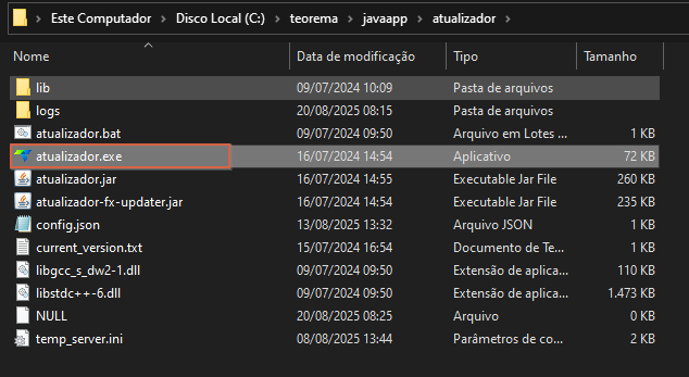 Explorador do Windows exibindo a pasta C:\teorema\javaapp\atualizador com o arquivo atualizador.exe destacado na lista de arquivos
