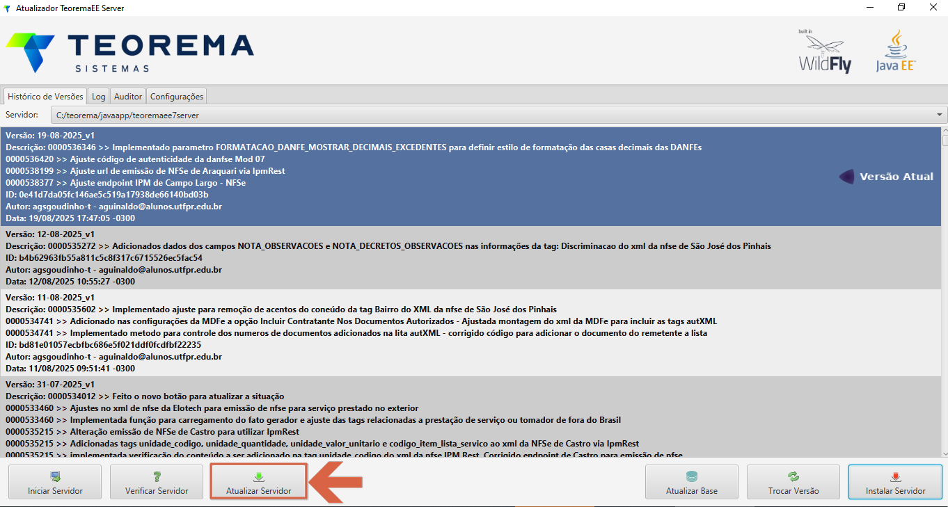 Tela do Atualizador TeoremaEE Server com histórico de versões e botão Atualizar Servidor destacado na barra de ações inferior