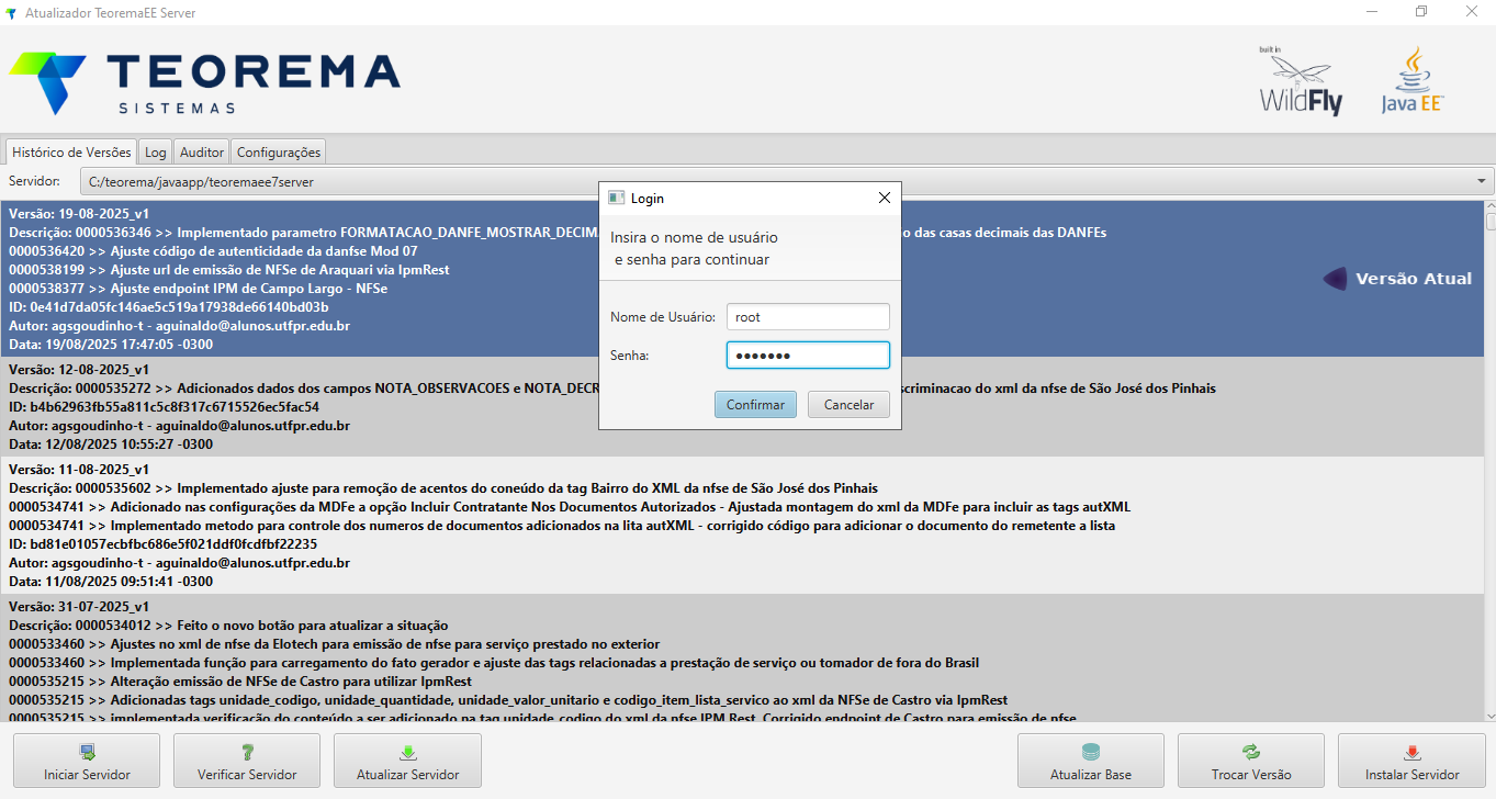 Diálogo Login sobre a tela do Atualizador TeoremaEE Server com campos Nome de Usuário preenchido como root, Senha preenchida e botões Confirmar e Cancelar