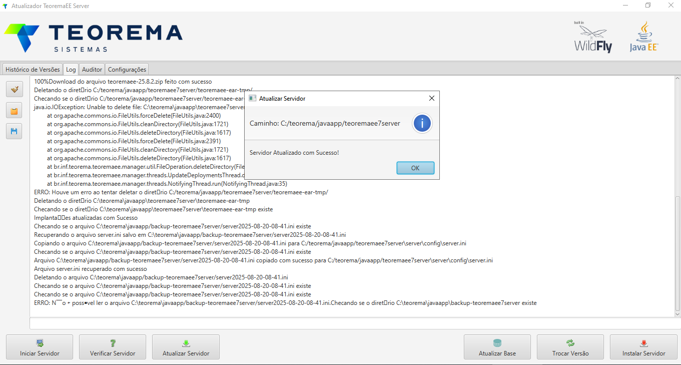 Tela do Atualizador TeoremaEE Server com log de atualização e diálogo Servidor Atualizado com Sucesso! com botão OK