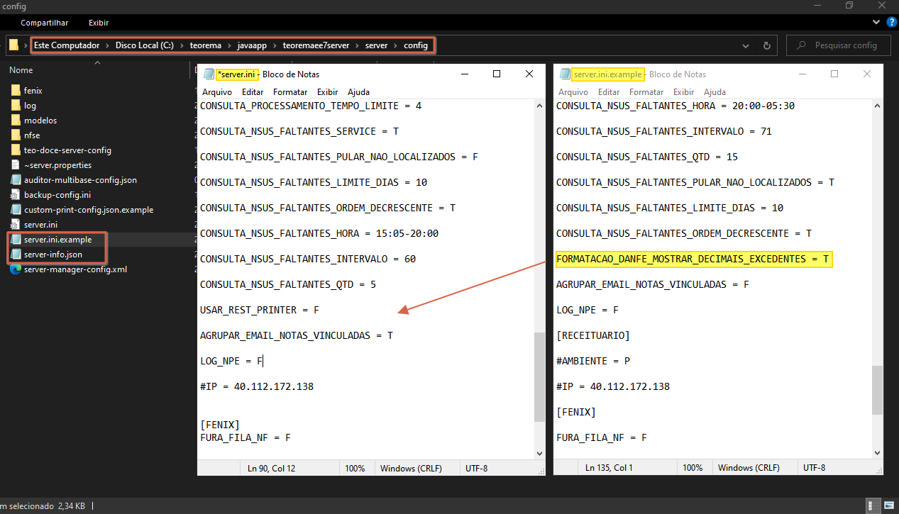 Explorador de arquivos na pasta config e dois Blocos de Notas abertos lado a lado: server.ini à esquerda e server.ini.example à direita, com o parâmetro FORMATACAO_DANFE_MOSTRAR_DECIMAIS_EXCEDENTES = T destacado em amarelo no example e seta indicando a cópia para o server.ini