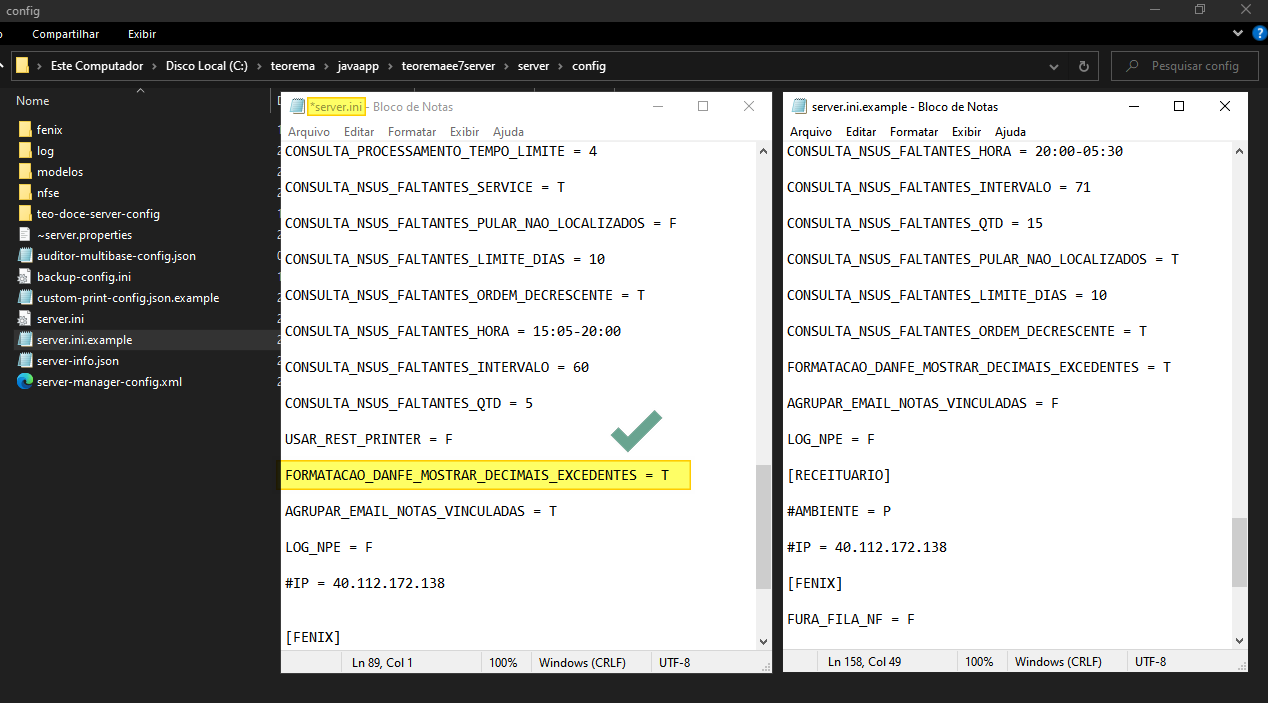 Dois Blocos de Notas abertos lado a lado: server.ini com o parâmetro FORMATACAO_DANFE_MOSTRAR_DECIMAIS_EXCEDENTES = T destacado em amarelo e server.ini.example à direita, confirmando que o parâmetro foi copiado com sucesso