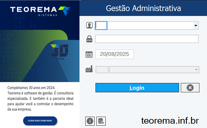 Tela de login do Gestão Administrativa com campos de Usuário, Senha, Data de trabalho exibindo 20/08/2025, Empresa e botão Login