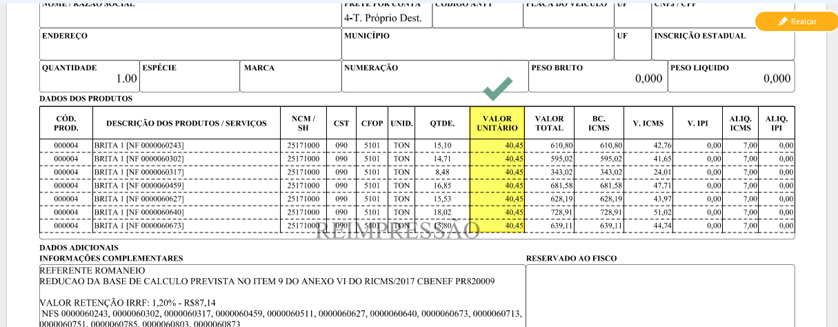 Trecho do PDF da DANFE com tabela de Dados dos Produtos e coluna VALOR UNITÁRIO exibindo todos os valores com duas casas decimais como 40,45 para itens BRITA 1