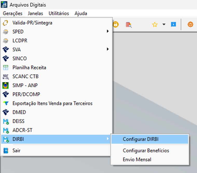 Menu Arquivos Digitais do sistema Teorema com opção DIRBI selecionada e submenu exibindo as opções: Configurar DIRBI, Configurar Benefícios e Envio Mensal