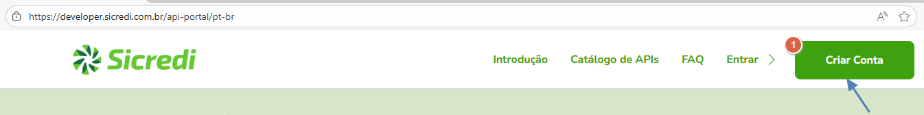 Portal Sicredi Developer com barra de navegação exibindo os menus Introdução, Catálogo de APIs, FAQ, Entrar e o botão Criar Conta