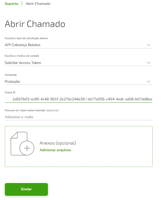 Tela Abrir Chamado preenchida com Tipo de solicitação "API Cobrança Boletos", Motivo do contato "Solicitar Access Token", Ambiente "Produção" e campo Client ID preenchido