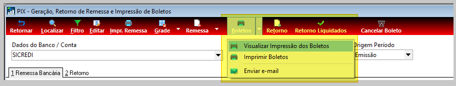 Tela PIX - Geração, Retorno de Remessa e Impressão de Boletos com menu Boletos expandido, exibindo as opções: Visualizar Impressão dos Boletos, Imprimir Boletos e Enviar e-mail