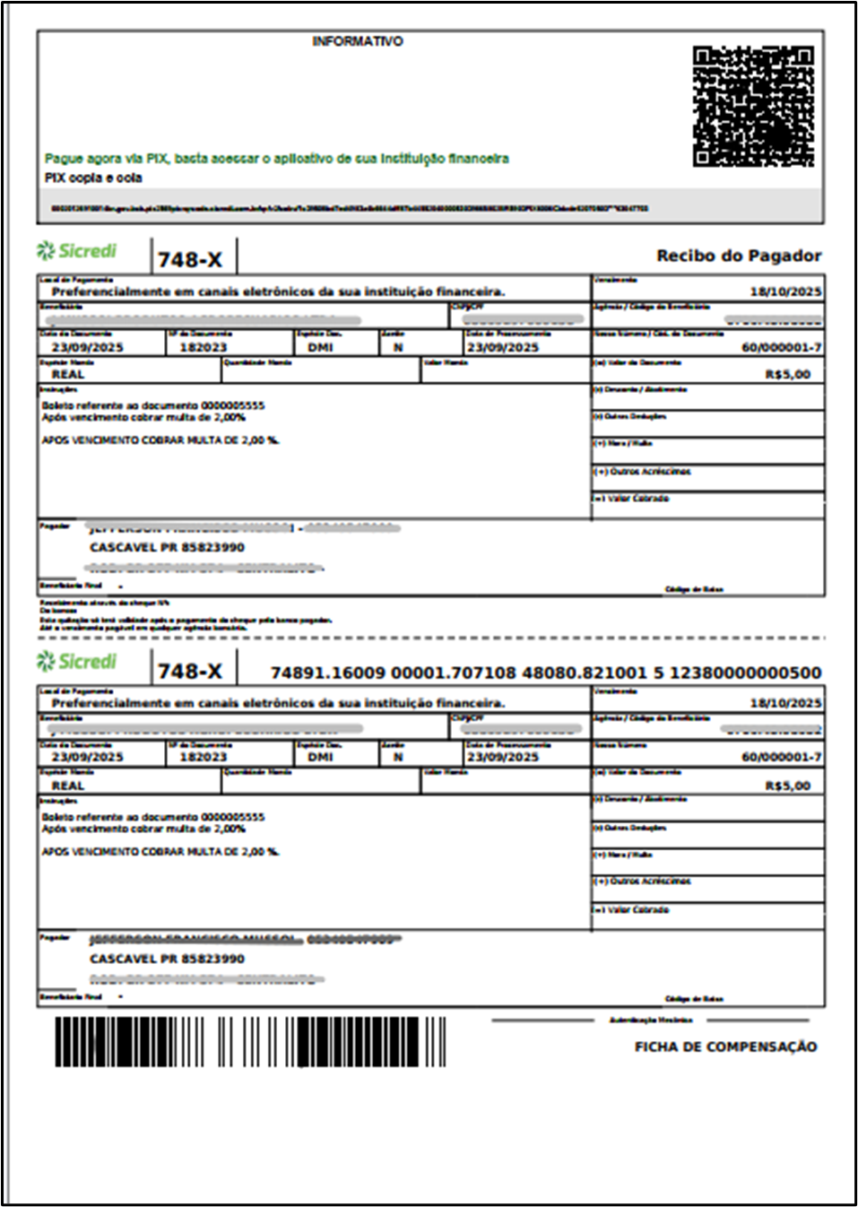 Boleto Sicredi em tamanho real com Recibo do Pagador exibindo campos Sacado, vencimento 18/10/2025, valor R$ 85,00, agência/código cedente 07089 e Nosso Número 60/00001-7, Ficha de Compensação com código de barras completo e QR Code Pix no canto superior direito