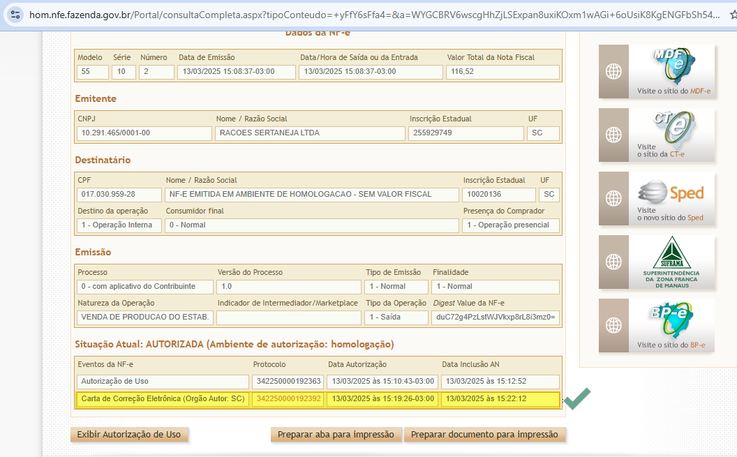 Portal NF-e com dados da nota 0000000002: situação AUTORIZADA (Ambiente de homologação); tabela Eventos da NF-e mostrando Autorização de Uso protocolo 342250000192363 em 13/03/2025 e Carta de Correção Eletrônica protocolo 342250000192392 em 13/03/2025 às 15:19:26