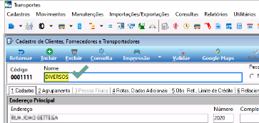 Tela Cadastro de Clientes, Fornecedores e Transportadores com campo Nome preenchido como DIVERSOS