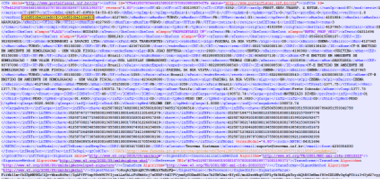 Trecho do XML do CT-e autorizado com a tag indGlobalizado com valor 1 destacada
