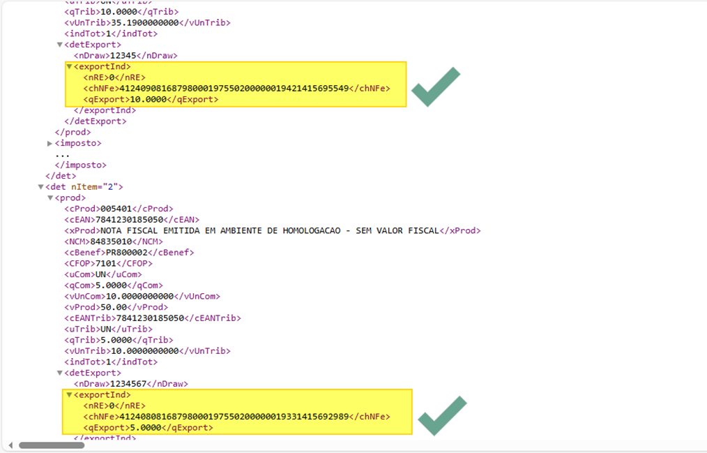 Trecho do XML da NF-e exibindo as tags qTrib, detExport com nDraw e chNFe para cada item, com marcações de verificação indicando os campos corretos