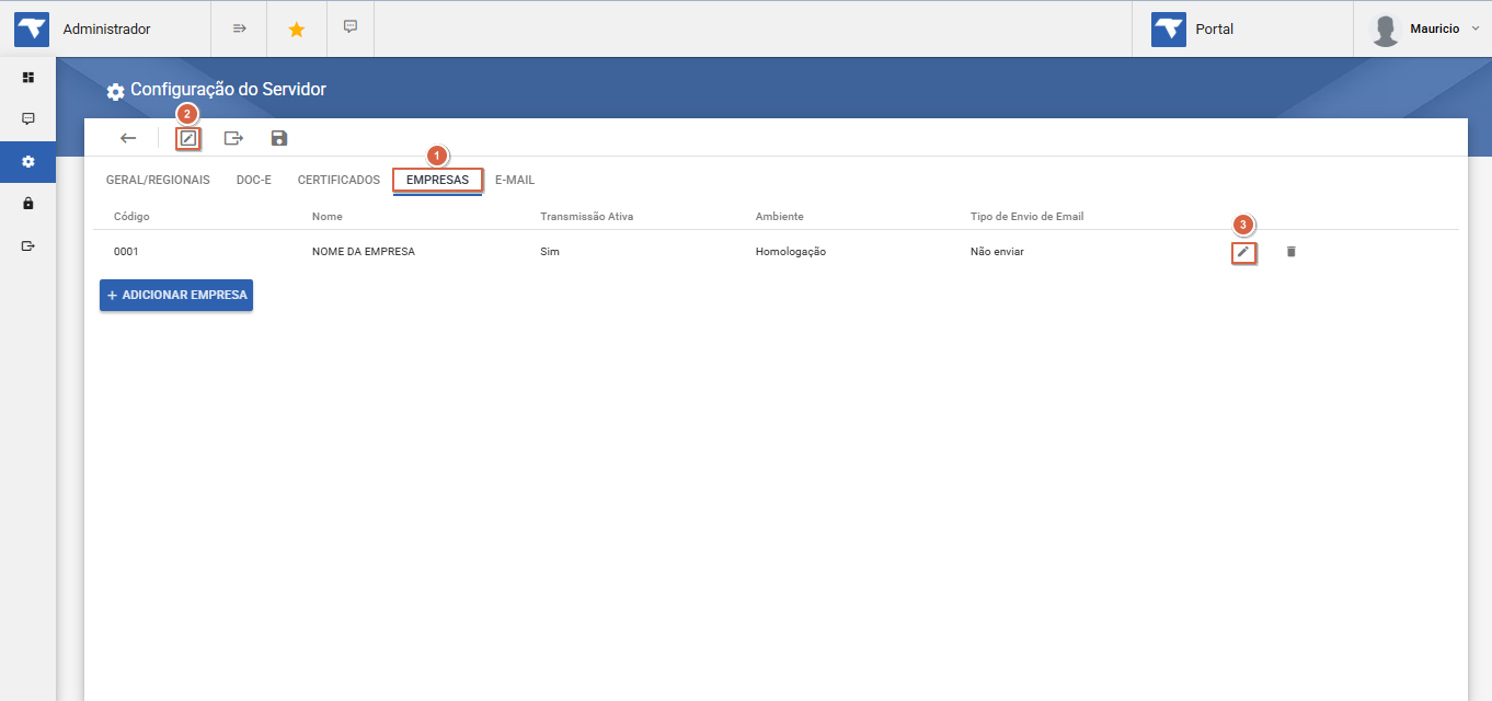 Configuração do Servidor — aba EMPRESAS listando empresa código 0001, "NOME DA EMPRESA", com colunas Transmissão Ativa, Ambiente e Tipo de Envio de Email. Ícone de lápis (Editar) destacado à direita da empresa