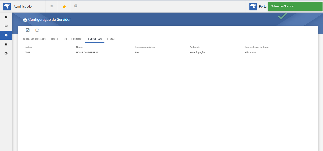 Configuração do Servidor — aba EMPRESAS com notificação "Salvo com Sucesso" exibida no canto superior direito da tela