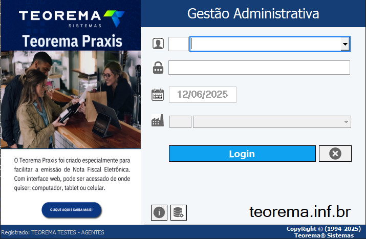 Tela de login do Teorema Praxis — Gestão Administrativa. Campos Usuário, Senha, Data de operação e Empresa, com botão "Login"