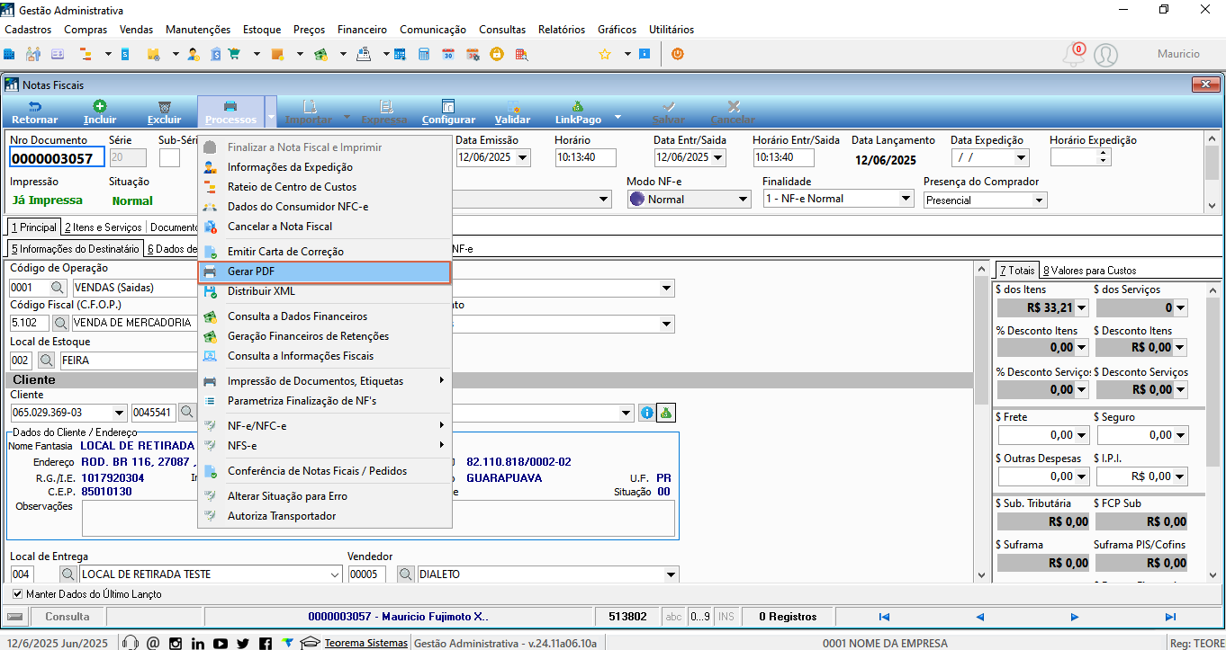 Notas Fiscais — nota 0000003057 autorizada. Menu "Processos" expandido com opção "Gerar PDF" destacada
