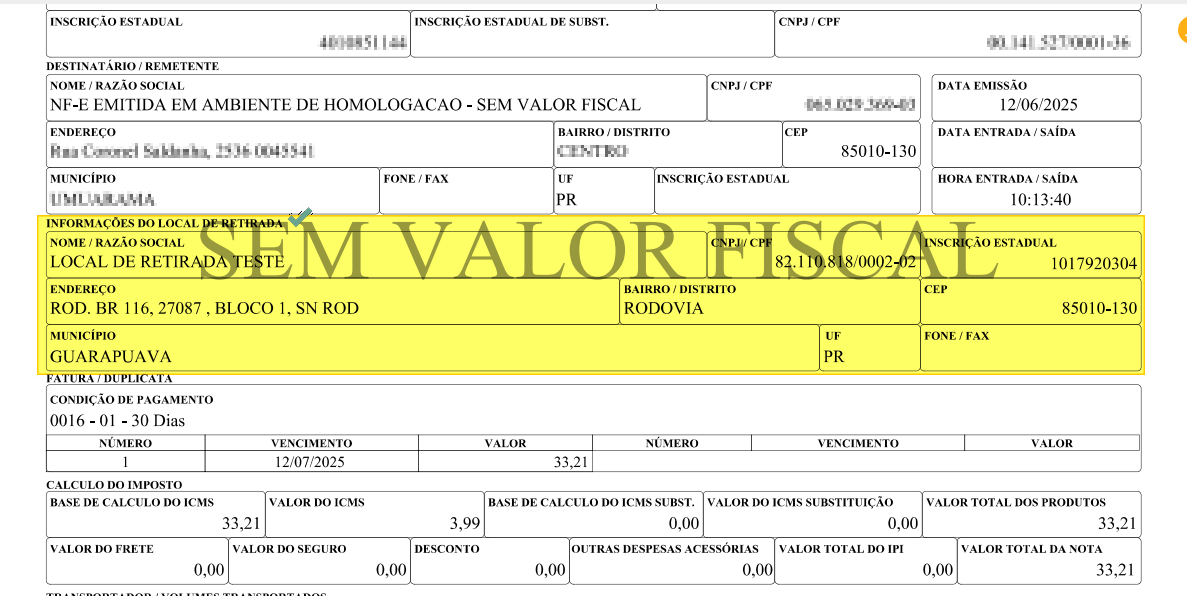 DANFE em PDF — bloco "INFORMAÇÕES DO LOCAL DE RETIRADA" com campos: Nome/Razão Social "LOCAL DE RETIRADA TESTE", Endereço "ROD. BR 116, 27087, BLOCO 1, SN ROD", Município GUARAPUAVA, UF PR, CNPJ/CPF 00.141.521/0001-36, CEP 85010-130, Inscrição Estadual 1017920304