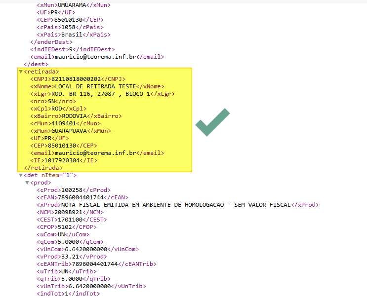 XML da NF-e — tag <retirada> exibida com os campos: <CNPJ>82110818000202</CNPJ>, <xNome>LOCAL DE RETIRADA TESTE</xNome>, <xLgr>ROD. BR 116, 27087, BLOCO 1</xLgr>, <nro>SN</nro>, <xCpl>ROD</xCpl>, <xBairro>RODOVIA</xBairro>, <cMun>4109401</cMun>, <xMun>GUARAPUAVA</xMun>, <UF>PR</UF>, <CEP>85010130</CEP>, <IE>1017920304</IE>