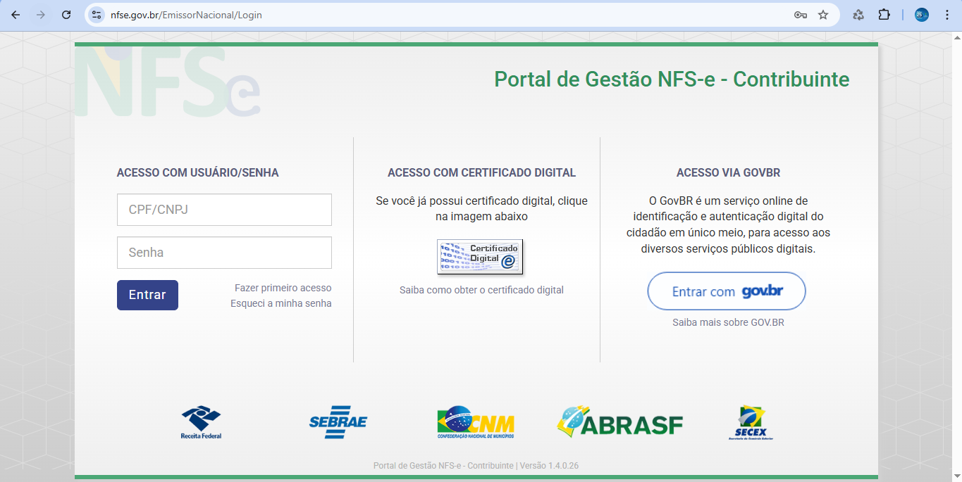 Portal de Gestão NFS-e — tela de login com opções de acesso por usuário/senha (campos CPF/CNPJ e Senha com botão Entrar), certificado digital e GovBR
