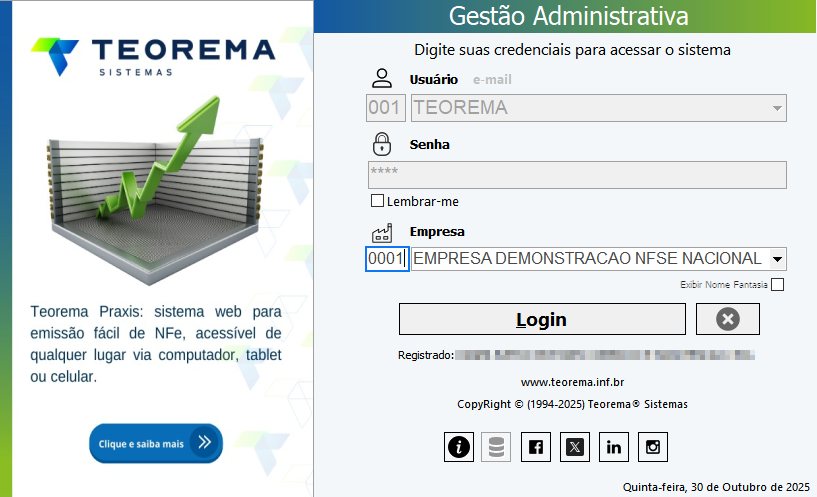 Tela de login do Gestão Administrativa com campos Usuário, Senha e seletor de Empresa; botão Login