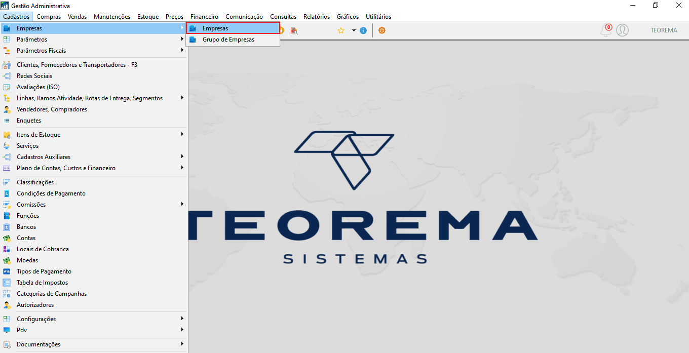 Menu Cadastros do Gestão Administrativa expandido com submenu Empresas destacado