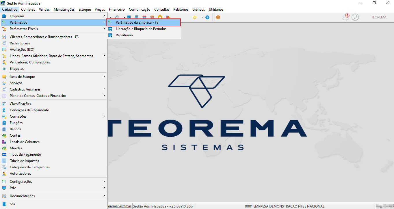 Menu Cadastros do Gestão Administrativa expandido com submenu Parâmetros e opção Parâmetros da Empresa - F9 destacada