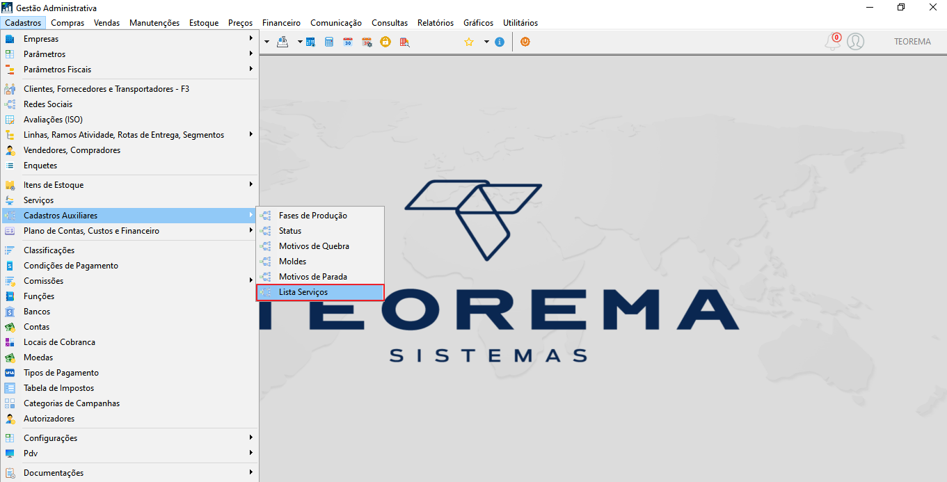 Menu Cadastros do Gestão Administrativa expandido com submenu Cadastros Auxiliares e opção Lista Serviços destacada
