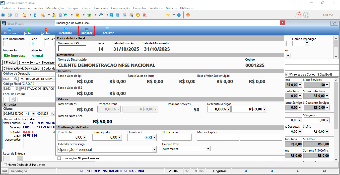 Tela Finalização de Nota Fiscal com seções Dados da Nota Fiscal (Número do RPS, Série 14, Data de Emissão 31/10/2025), Destinatário (CLIENTE DEMONSTRACAO NFSE NACIONAL), Impostos, Valores (Total da Nota Fiscal R$ 50,00) e Confirmação de Dados; botão Finalizar na barra superior