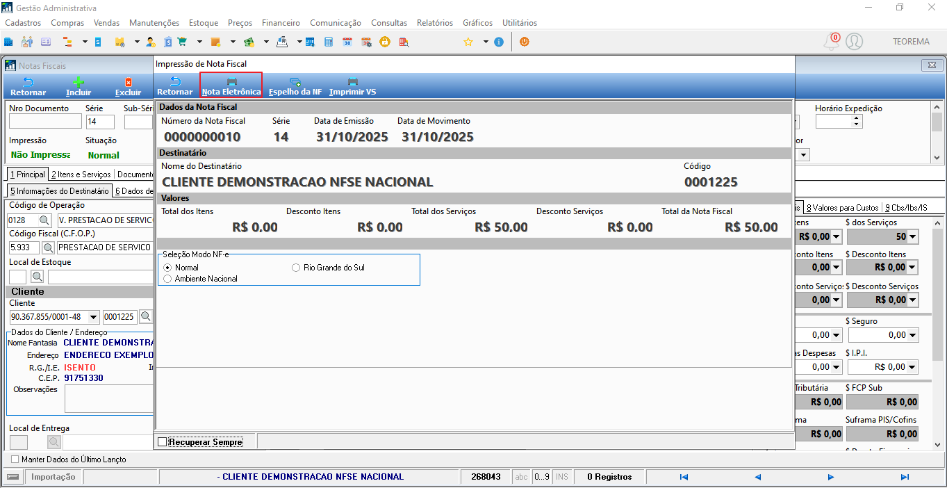 Tela Impressão de Nota Fiscal com botão Nota Eletrônica destacado na barra superior; seção Seleção Modo NF-e com opções Normal, Rio Grande do Sul e Ambiente Nacional; Dados da Nota Fiscal exibindo Número 0000000010, Série 14 e Total R$ 50,00